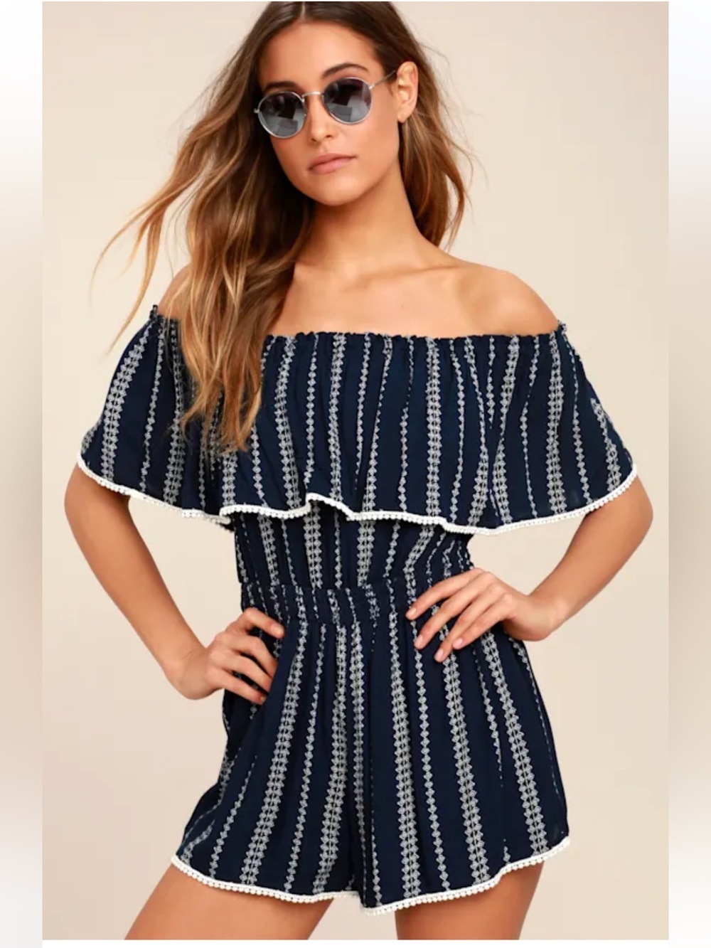 Lulus See Ya There Navy Blue Print Off-the-Shoulder Romper